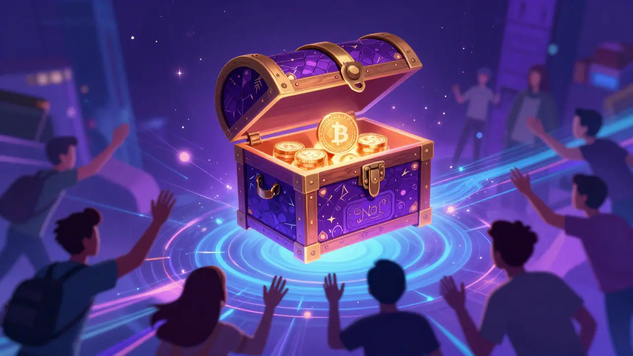 A glowing treasure chest representing Monad NFT rewards over a blockchain network.
