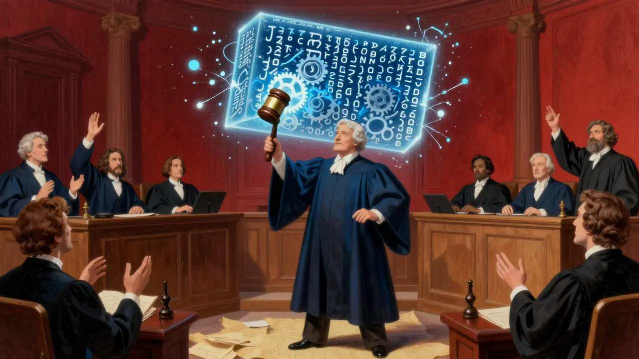 A judge strikes down floating code runes with a gavel, illustrating the legal ruling on smart contracts.