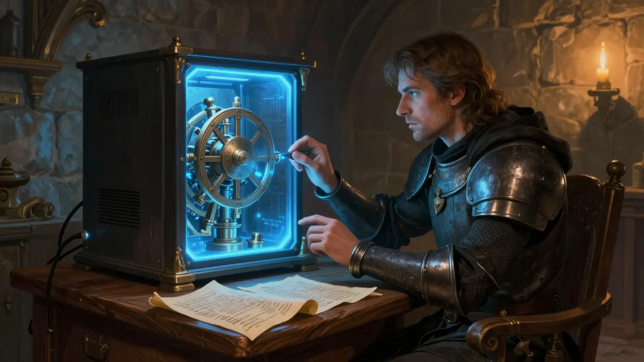 A knight maintaining a glowing mechanical validator node in a dimly lit stone chamber.