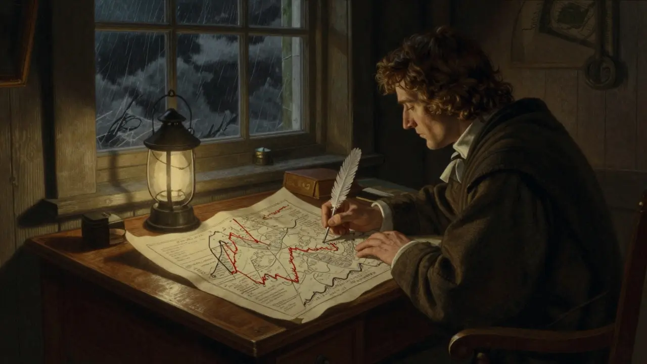 A scholar studying a volatile market map by lantern light in Howard Pyle style.