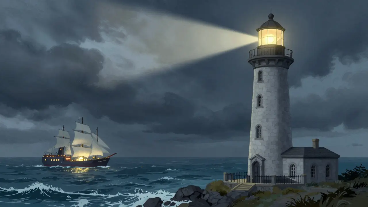 A sturdy lighthouse guiding a ship through stormy seas toward a harbor of opportunity.