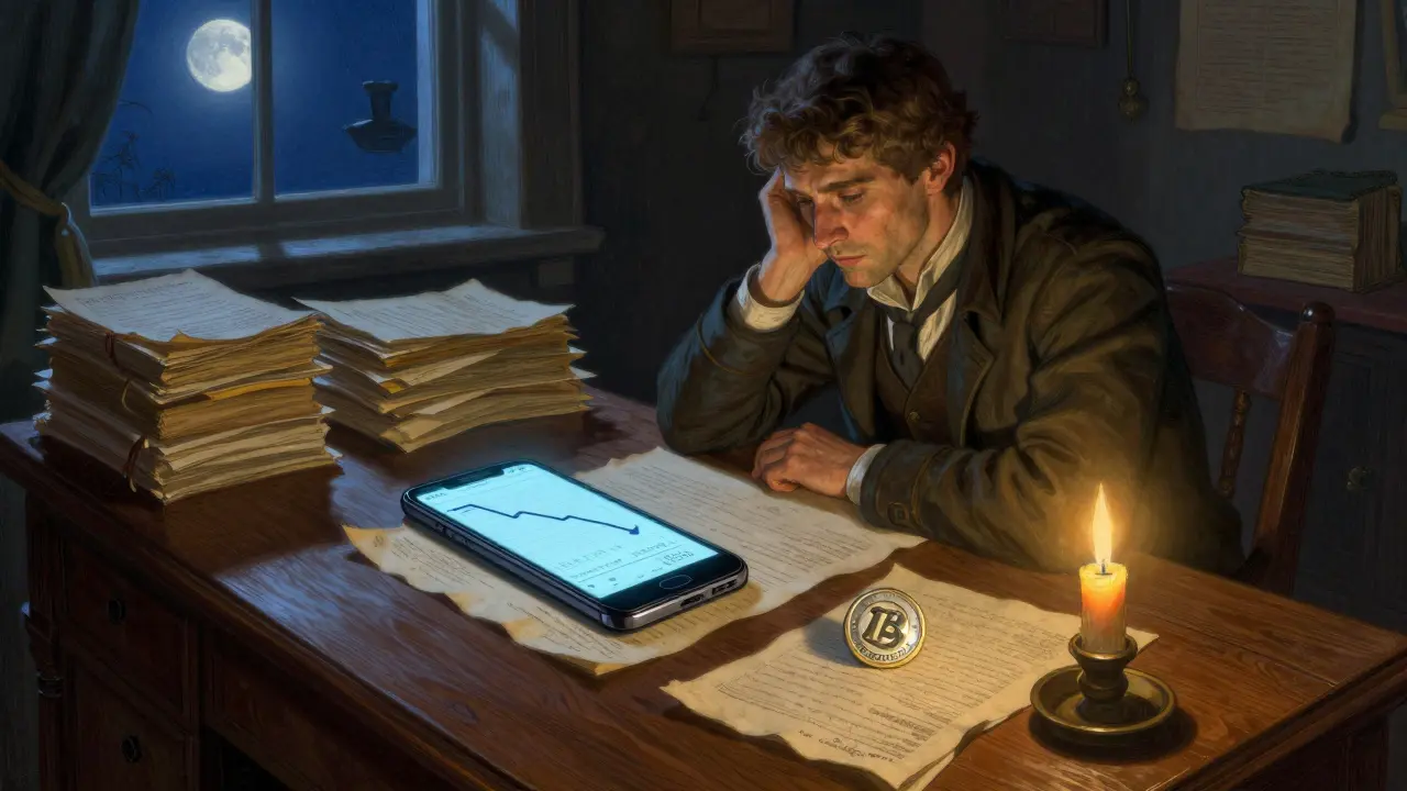 A trader in a dim study looks at a phone showing a dropping chart next to a token.