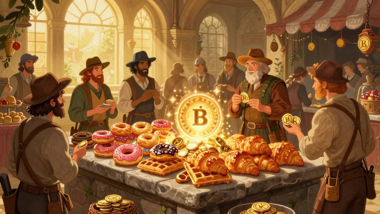 A vibrant marketplace scene showing users trading food-themed NFTs and tokens in a safe environment.