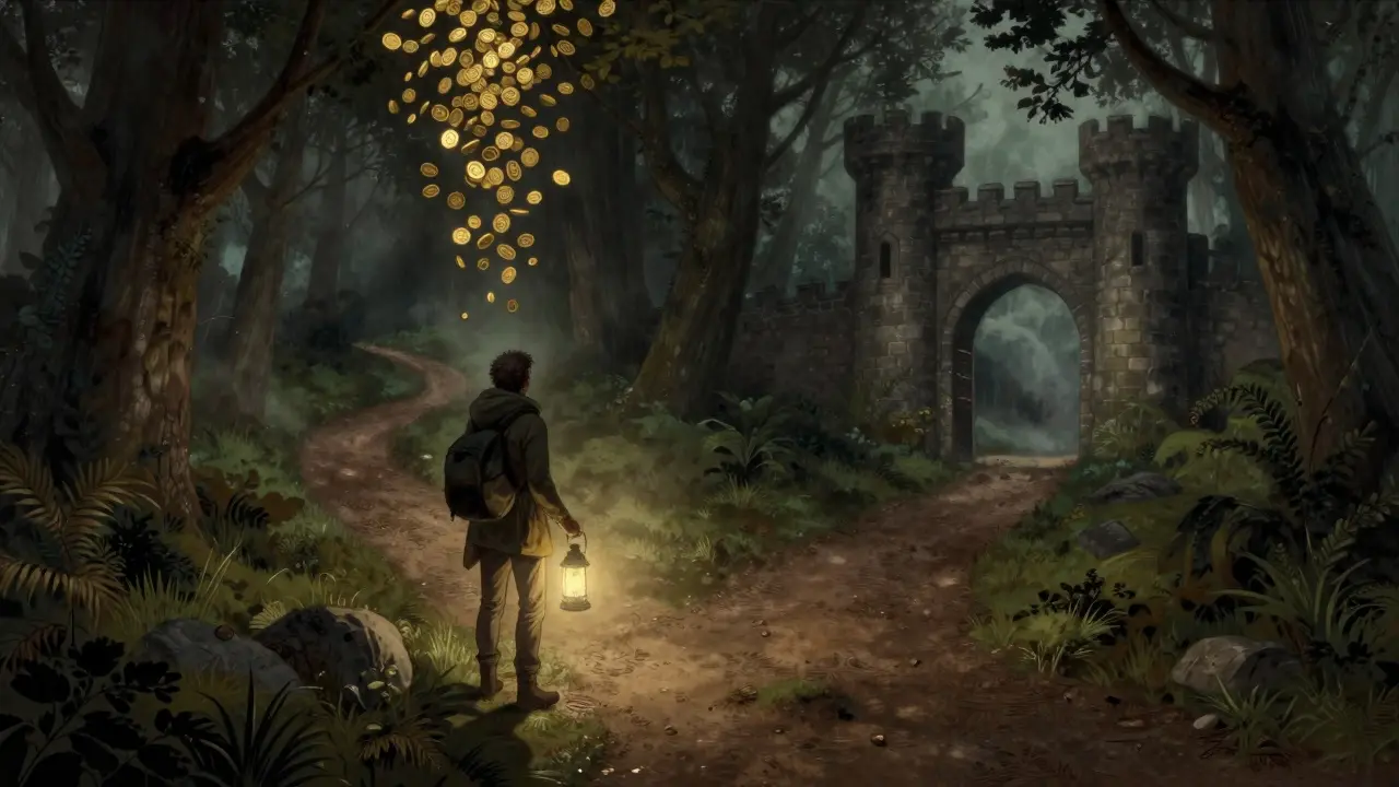 Adventurer choosing between a mirage of gold and a safe castle path, illustrating DeFi risks in Howard Pyle style.