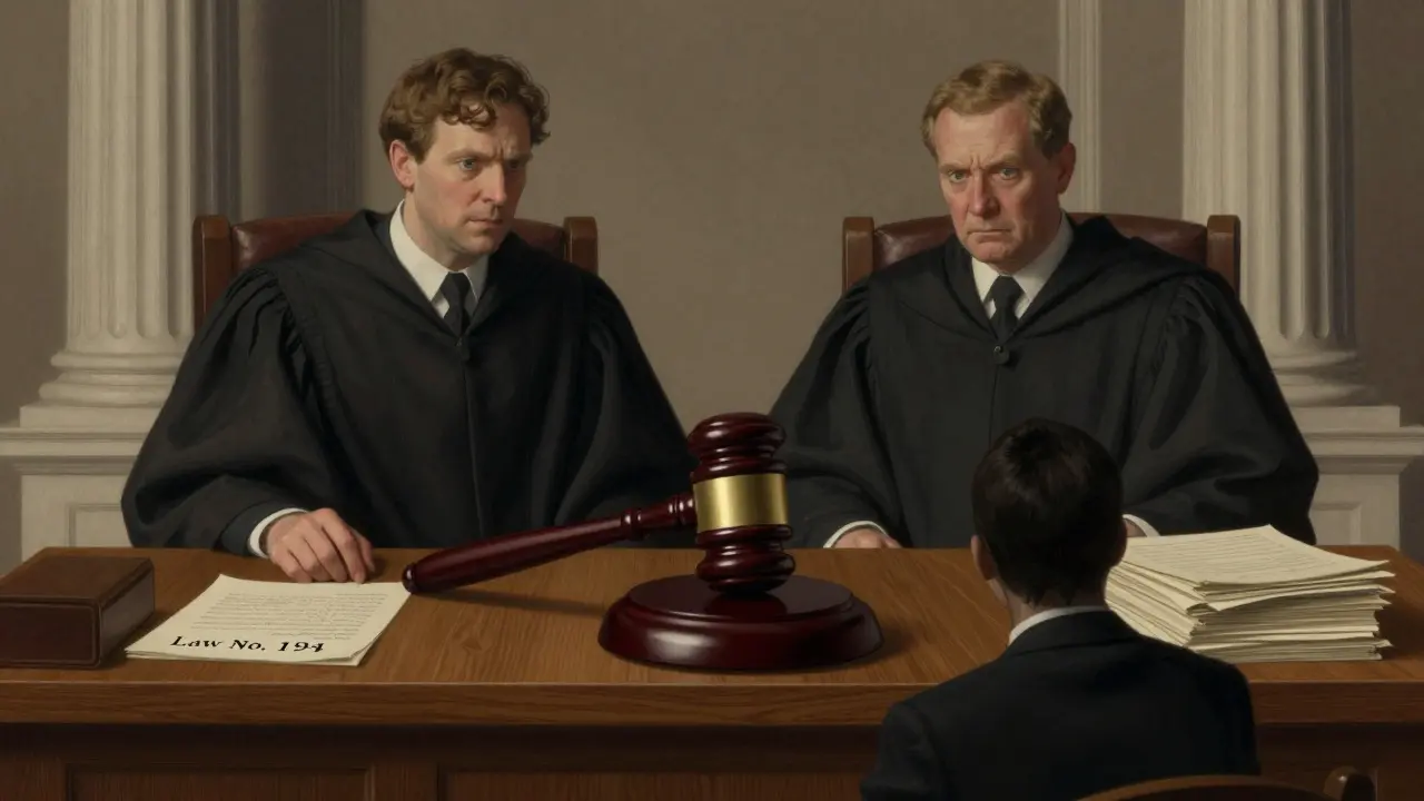 Authoritative figures behind desk with gavel overlooking fearful crypto trader