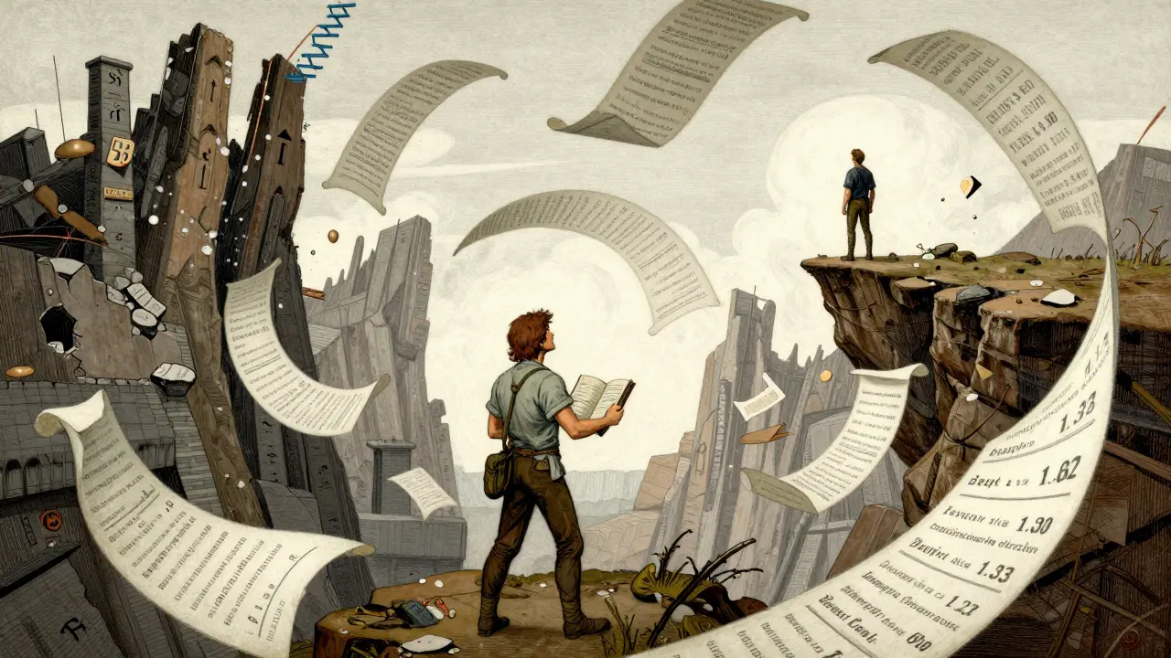 Confused adventurer amidst conflicting data scrolls, Howard Pyle style