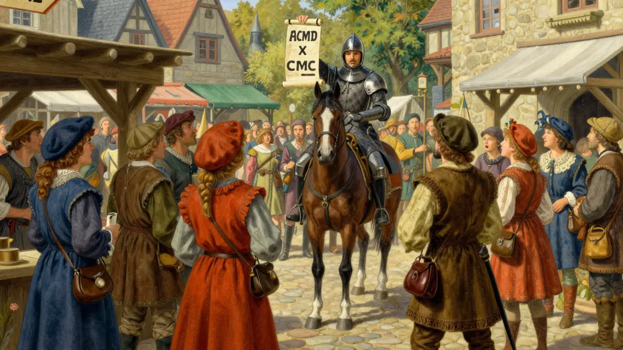 Crowd gathering in a medieval square for a token announcement, depicted in Howard Pyle illustration style.