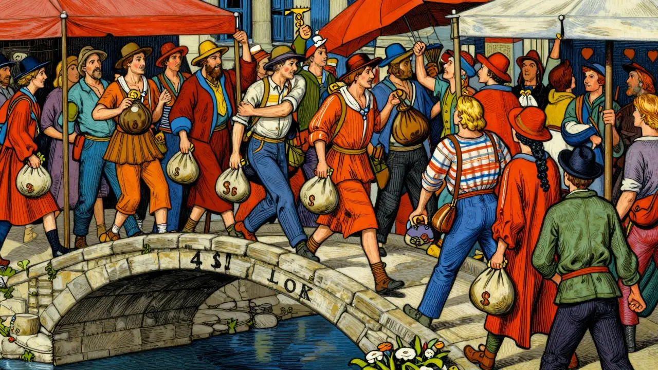 Crowded marketplace scene where people bid with coins to cross a bridge, representing transaction fee competition.