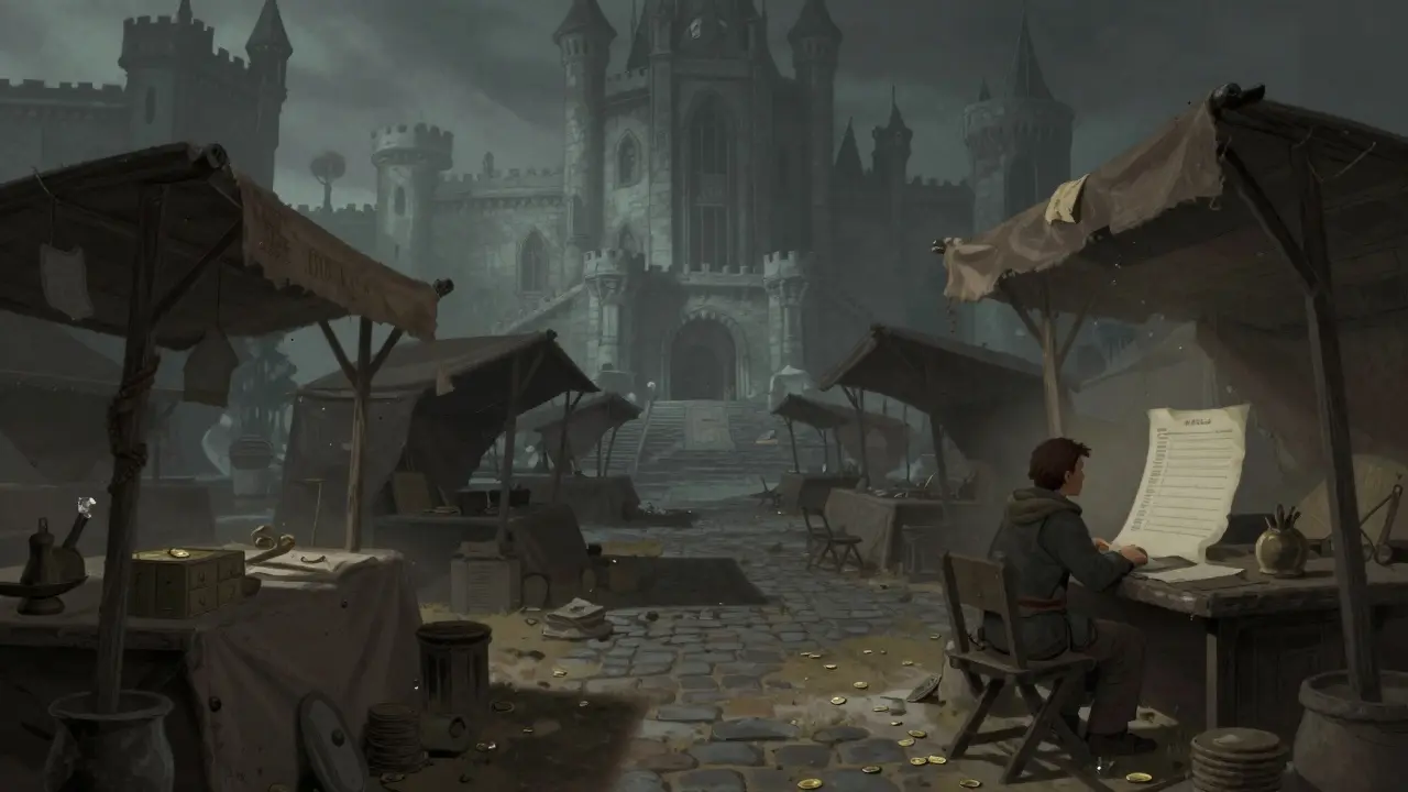 Desolate fantasy marketplace with empty stalls, Howard Pyle style