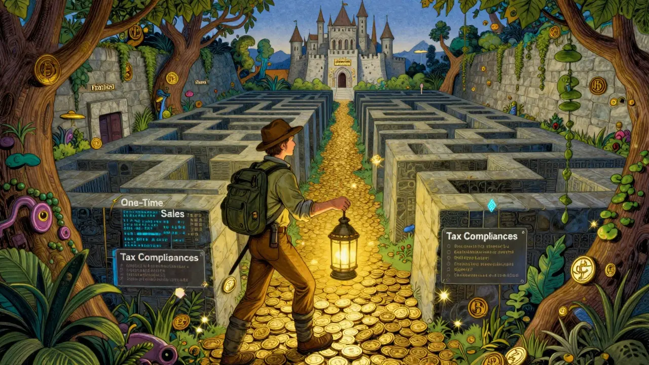 Developer navigating blockchain paths toward financial freedom in Howard Pyle style art.
