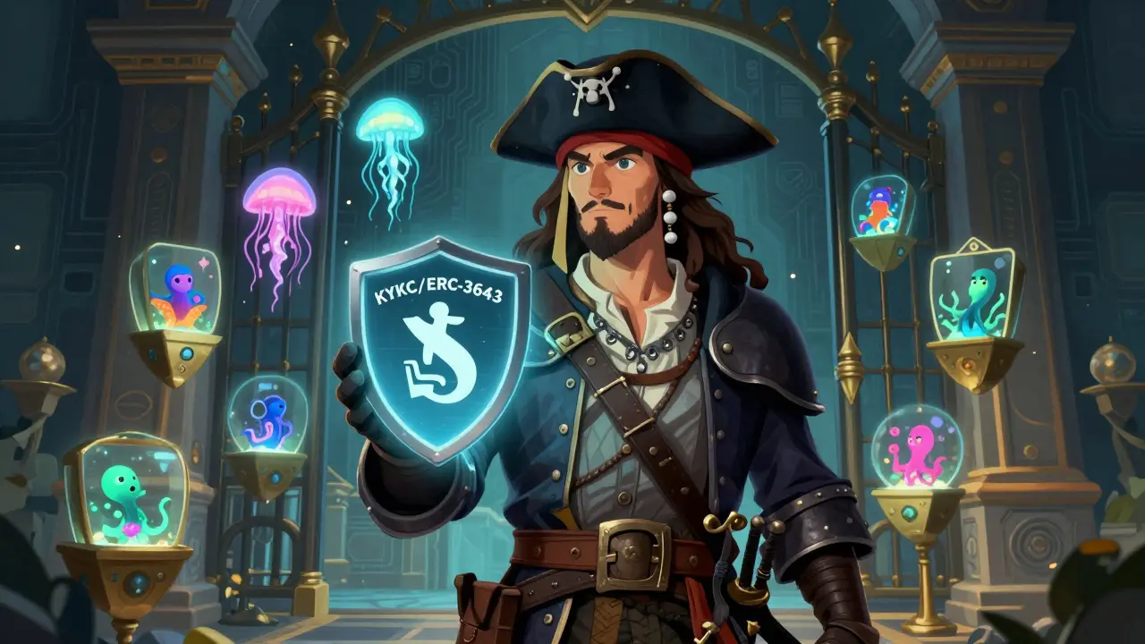 Digital explorer holding compliance shield before gate with mystery boxes