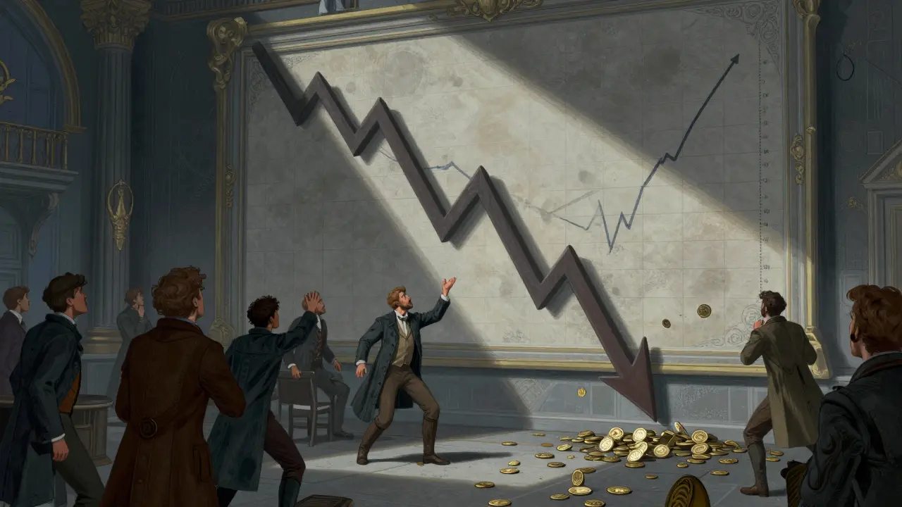 Dramatic illustration of traders reacting to a crashing price chart in a fantasy hall