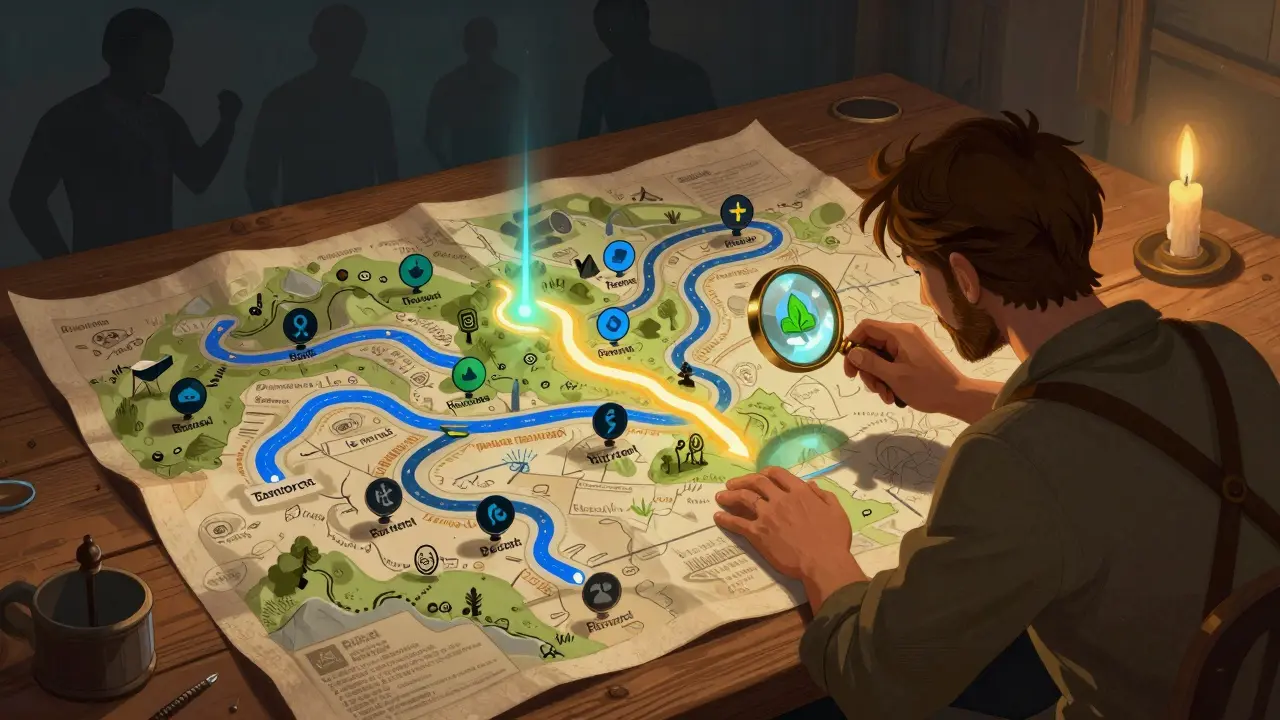 Explorer navigating a complex map of DeFi paths and liquidity pools under candlelight.