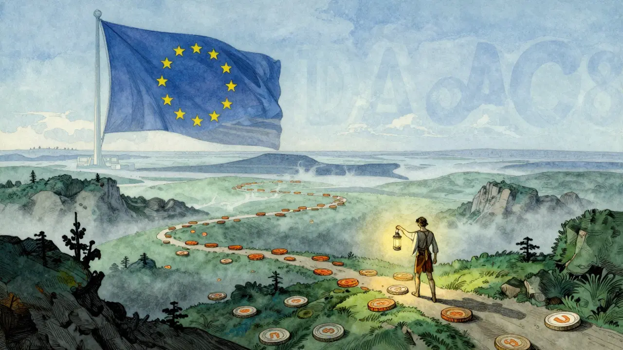Figure navigating crypto path with looming EU regulation shadow in background