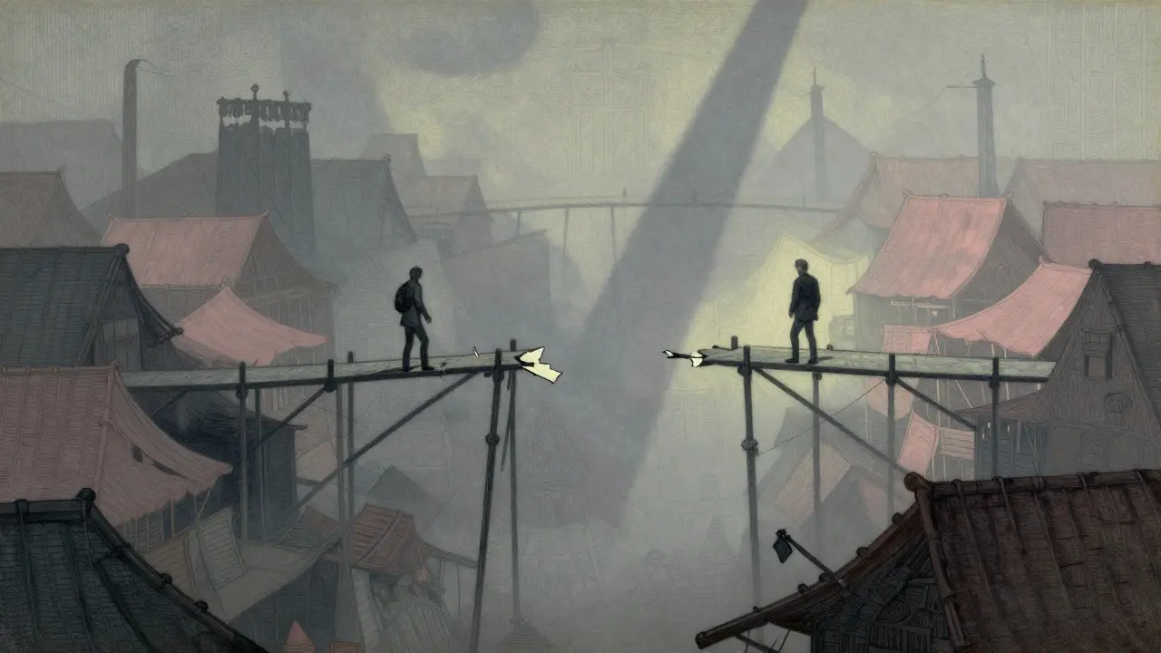 Figures stranded on broken bridges in a foggy marketplace, illustrating liquidity risks.