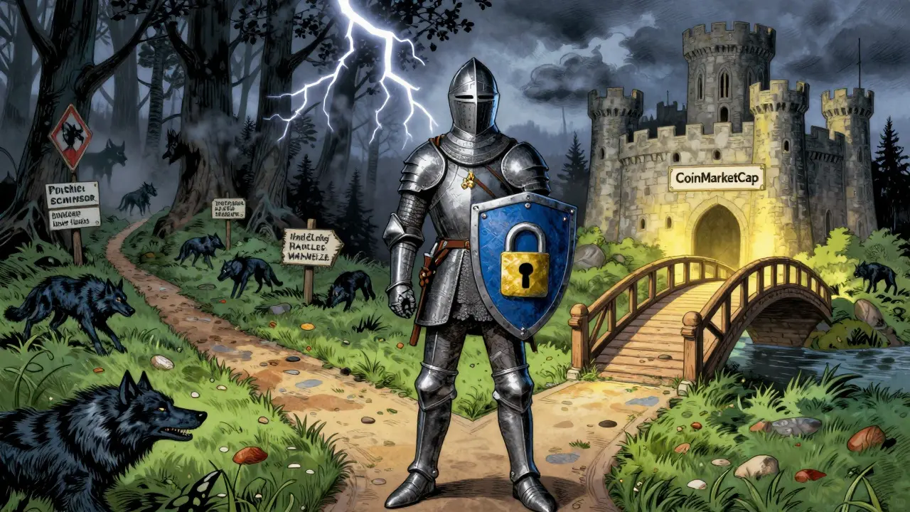 Knight choosing safe CoinMarketCap bridge over dangerous phishing forest path.