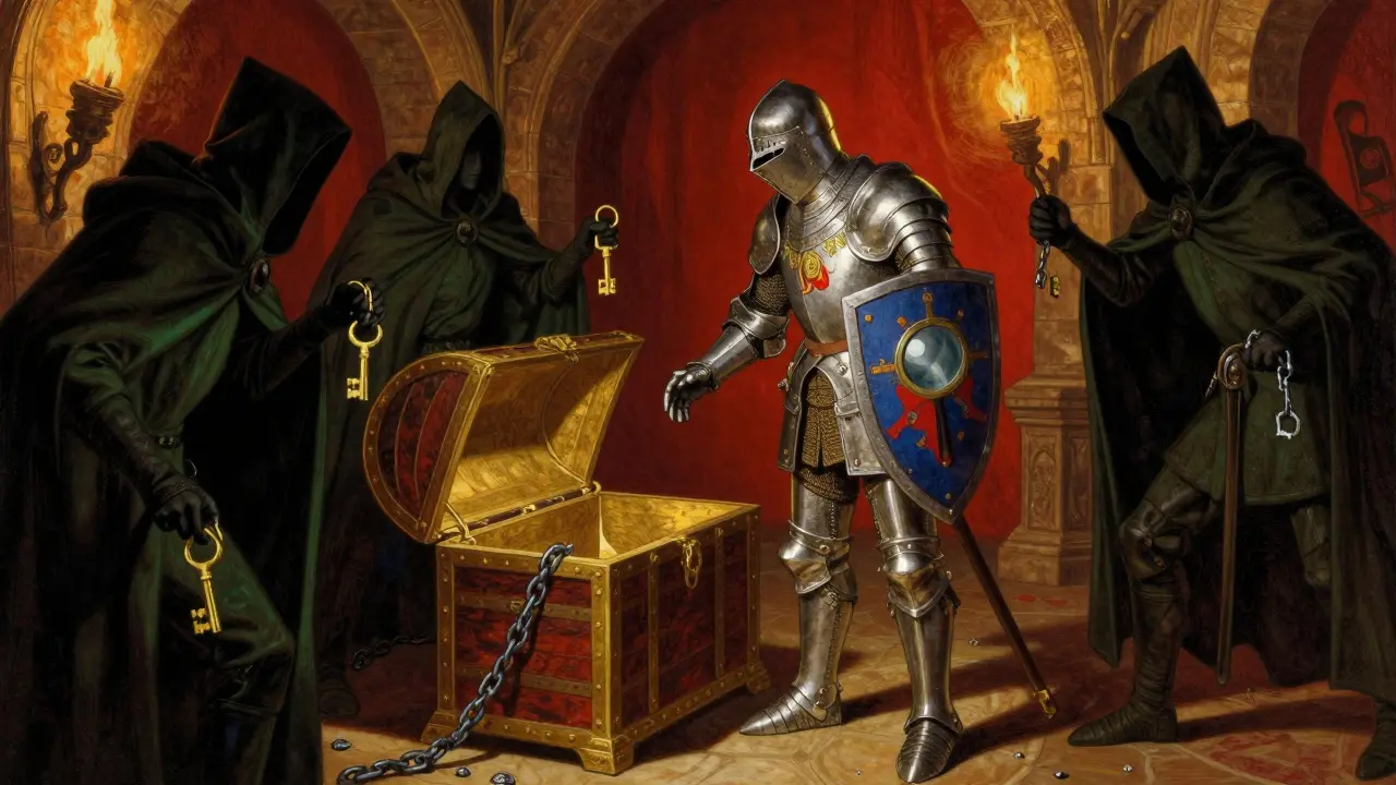 Knight inspecting a treasure chest guarded by shady figures symbolizing crypto scams.