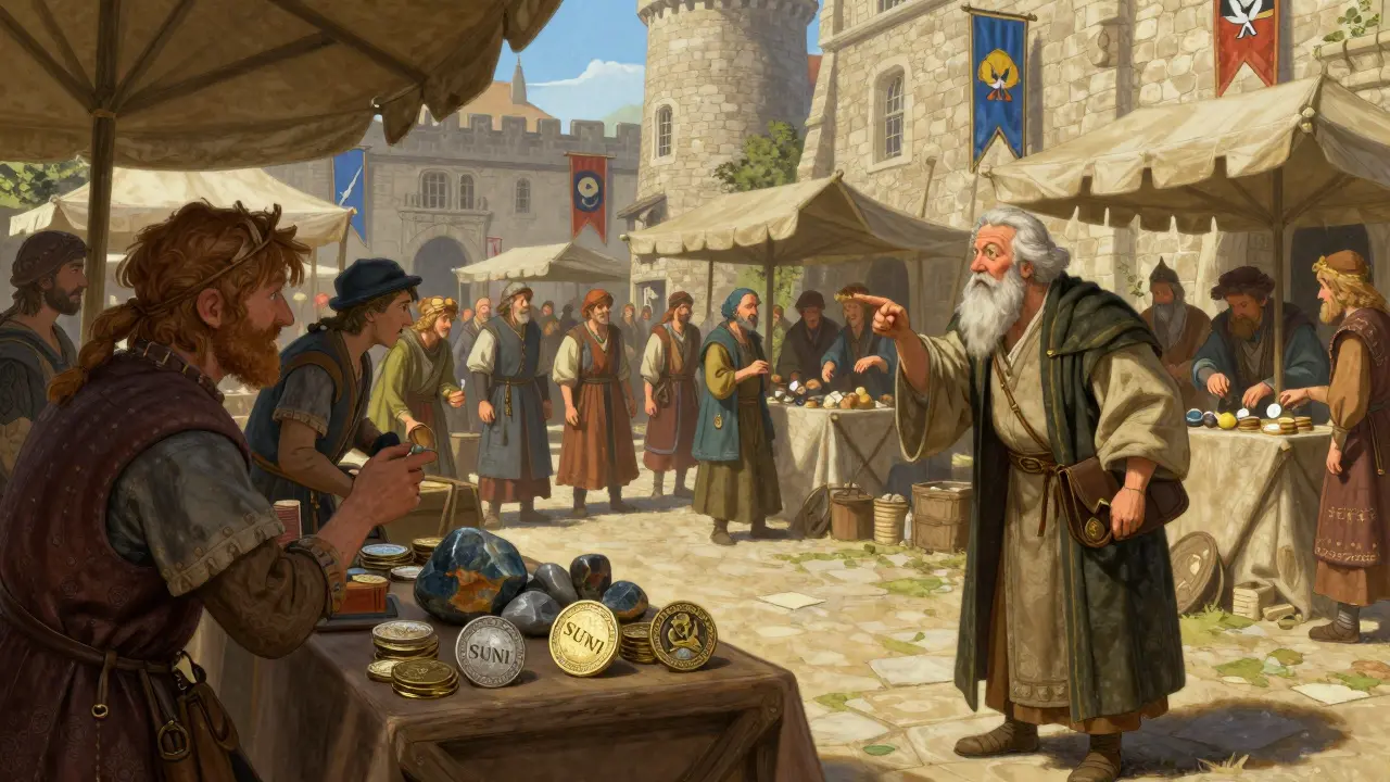 Medieval market showing obscure SUNI stall vs established coin vendors.