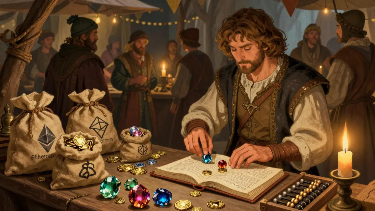 Merchant calculating best rates using gems from multiple chains in a market.