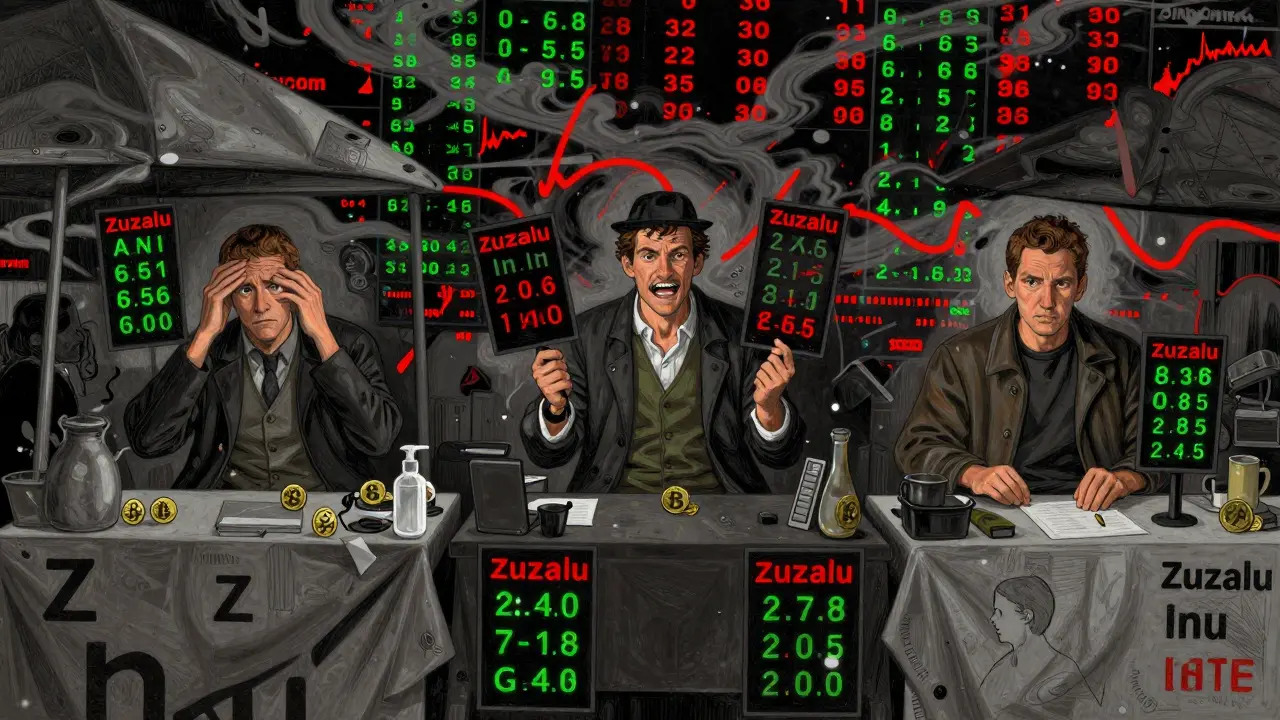 Merchants showing conflicting prices for tokens in a chaotic market.