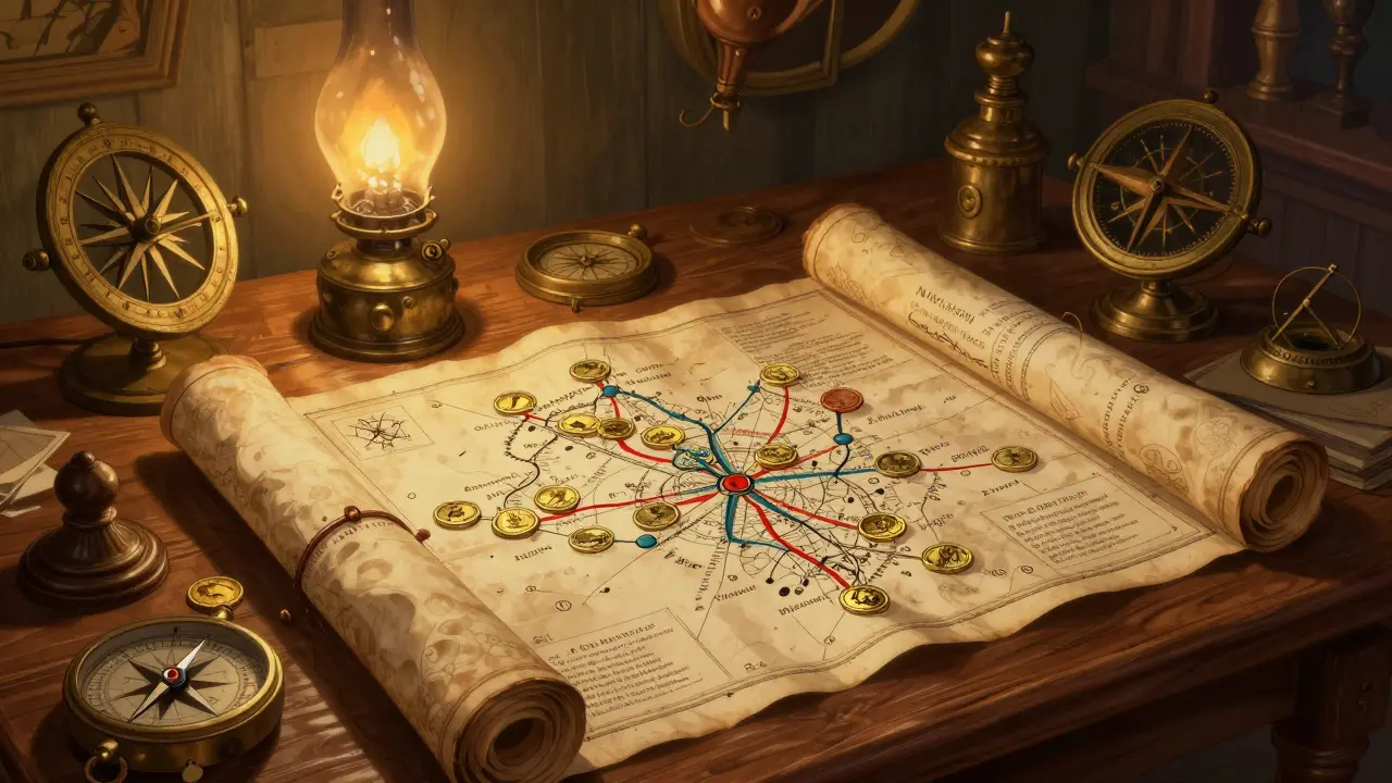 Navigator studying nautical map with gold coin symbols and antique tools