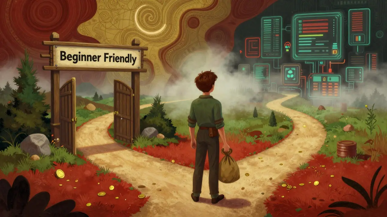 Novice trader at a crossroads choosing between a simple path and a complex, foggy route in a stylized landscape.