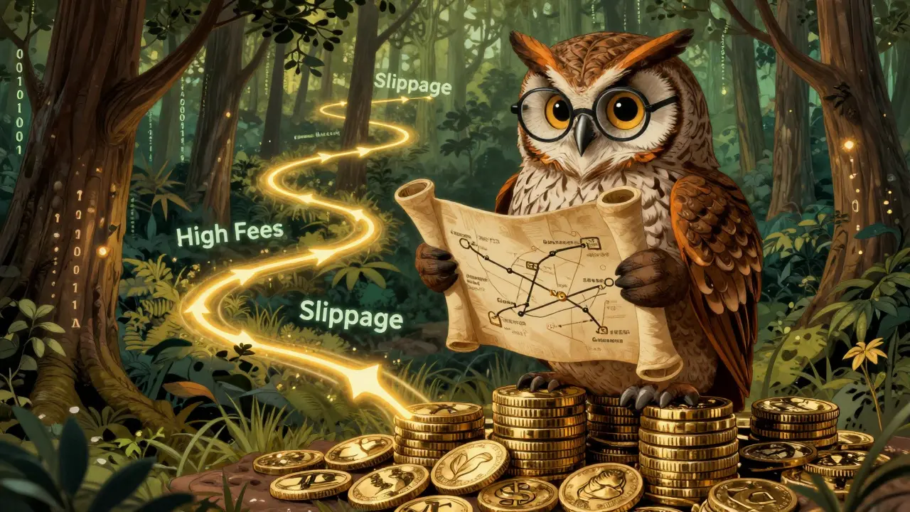 Owl mapping AI trading routes through a forest of coins and data