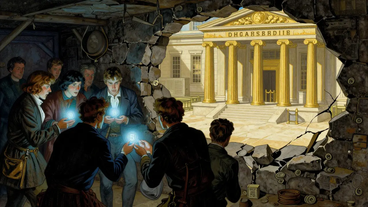People trading digital tokens in dark cellar contrasting with bright bank exterior