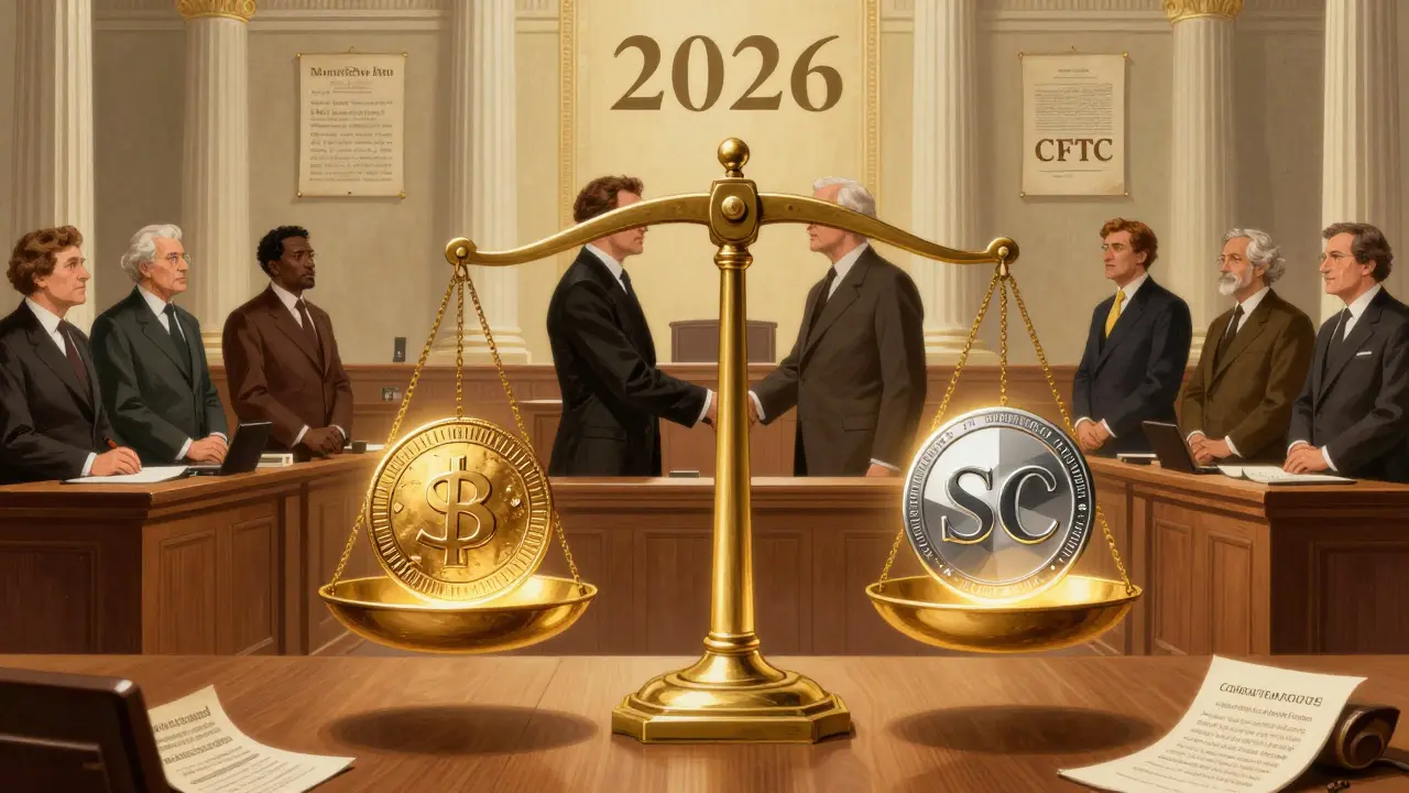 Scales of justice balancing traditional coins and crypto tokens under clear laws.