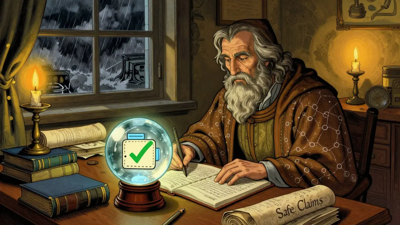 Scholar writing a safety guide at a desk with a glowing crystal ball showing security.
