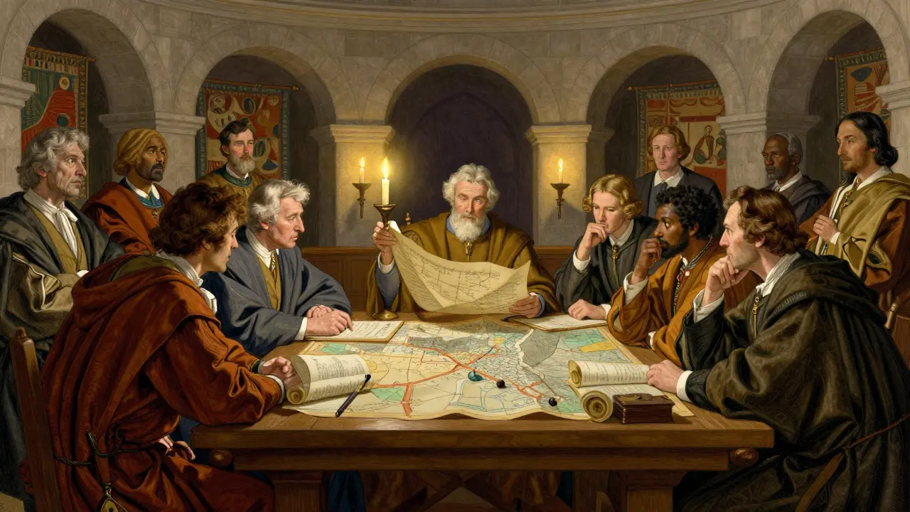 Scholars debating around a table in a grand council chamber