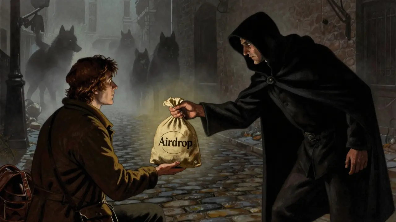 Shadowy figure offering a fake airdrop bag to a traveler in a foggy street