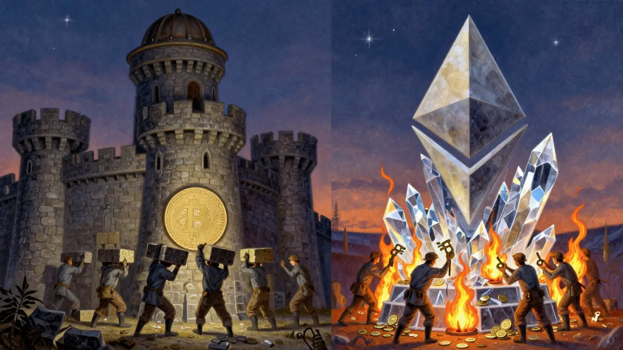 Side-by-side comparison of a stone fortress and a crystalline structure, illustrating Bitcoin and Ethereum models.