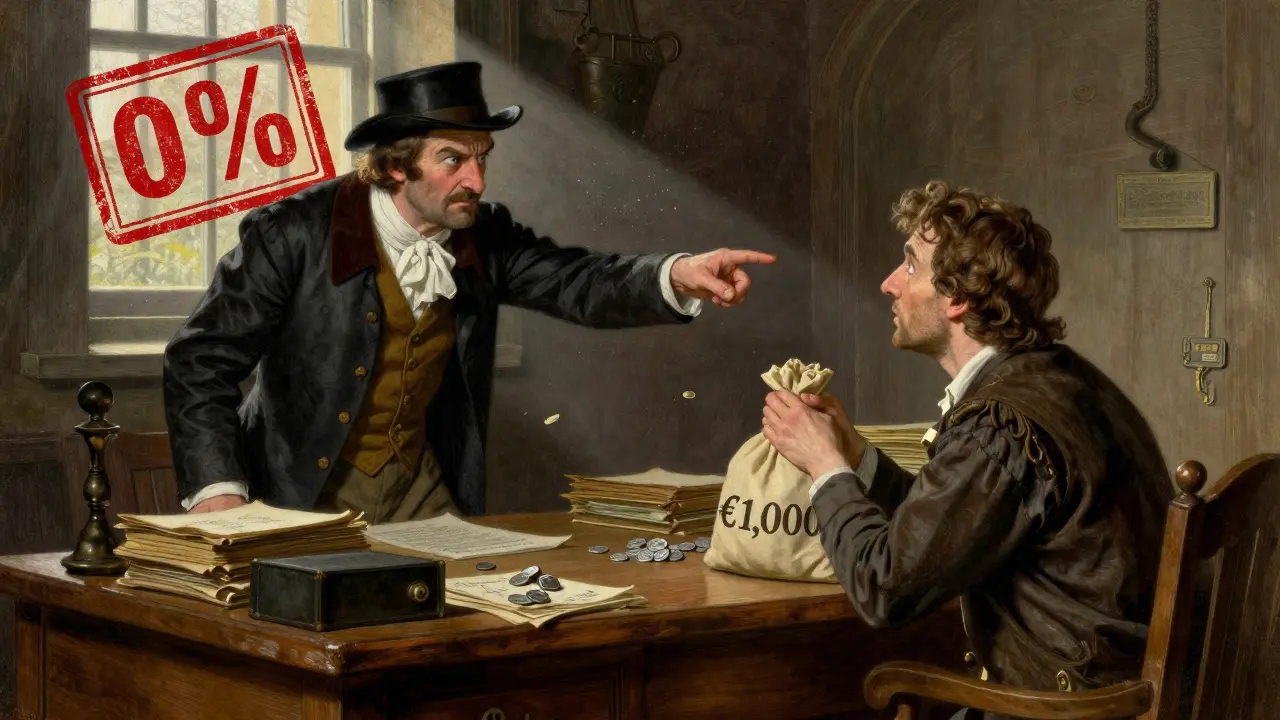 Tax official scolding trader over small gains in a dramatic Howard Pyle scene