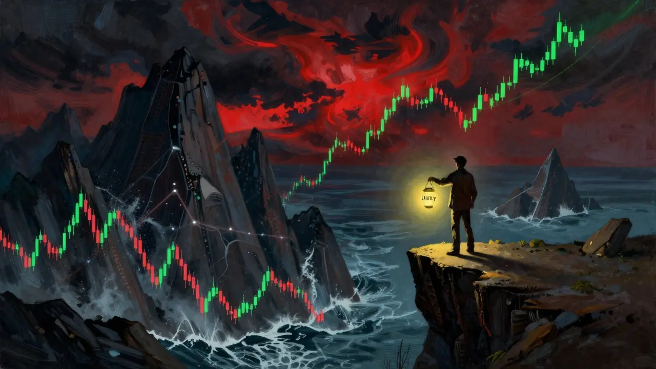 Trader on a cliff overlooking volatile crypto market charts and storms