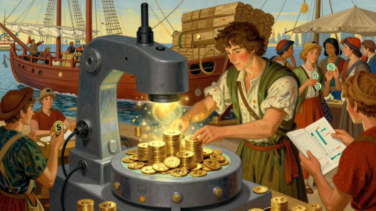 Travelers using an automated device to sort gold coins