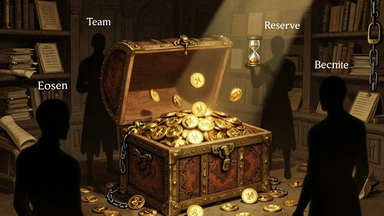 Treasure chest with locked tokens representing crypto vesting schedules