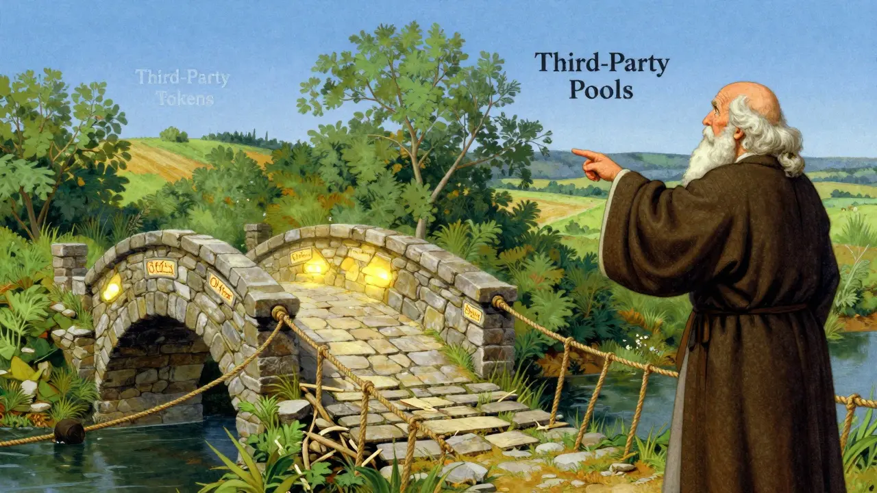 Wise elder guiding travelers toward safe investment bridges