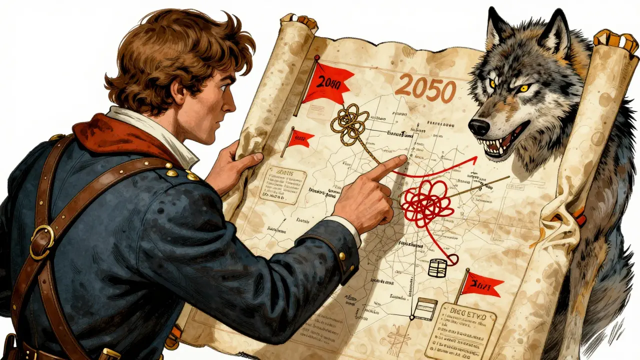 A hero inspects a scroll revealing red flags of crypto scams in a Howard Pyle style artwork.