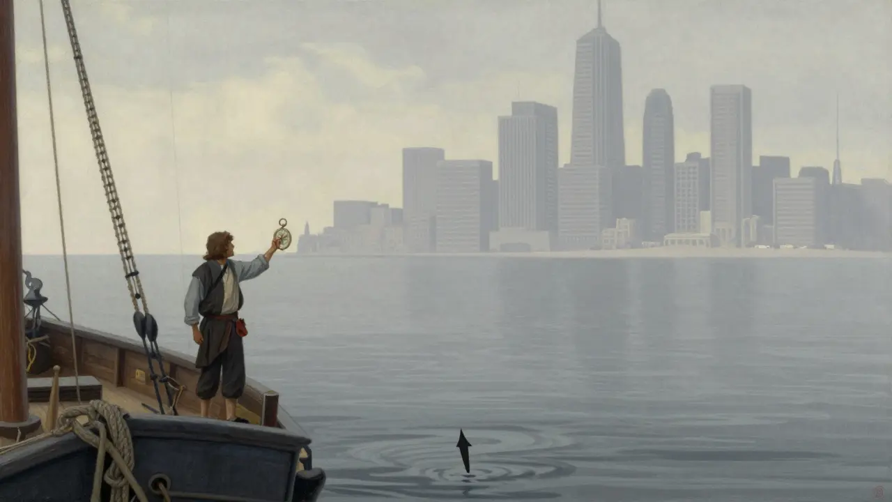 A sailor on a boat holding a broken compass under an overcast sky