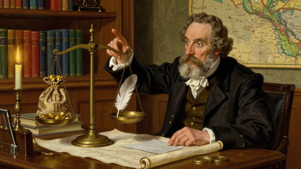 Advisor in a study weighing gold against risk using a scale and insurance scroll.