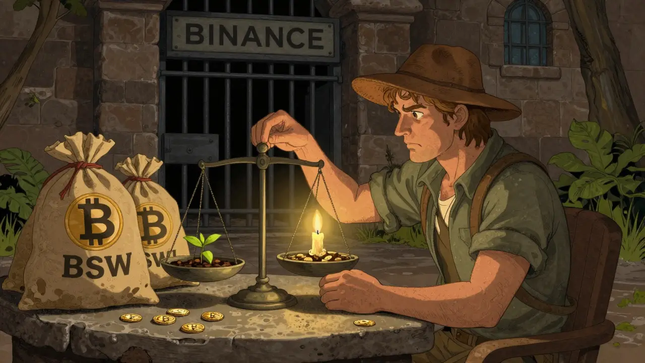 An adventurer balances token scales at a desk near a closed Binance gate in classic illustration style.