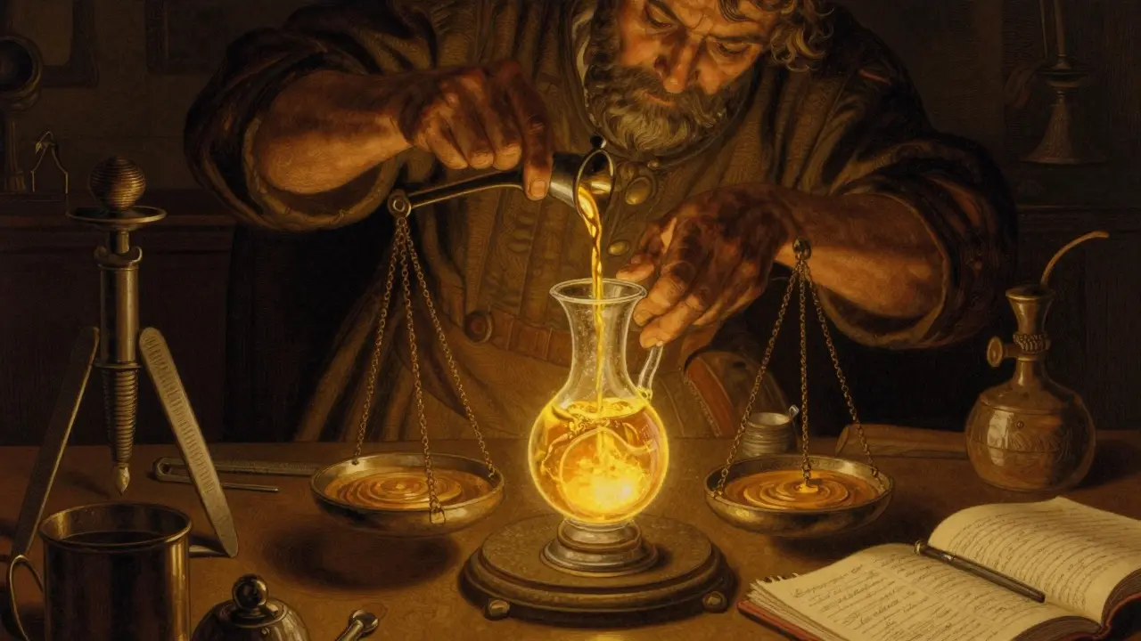 Artisan pouring gold into a narrow vessel to illustrate concentrated liquidity.