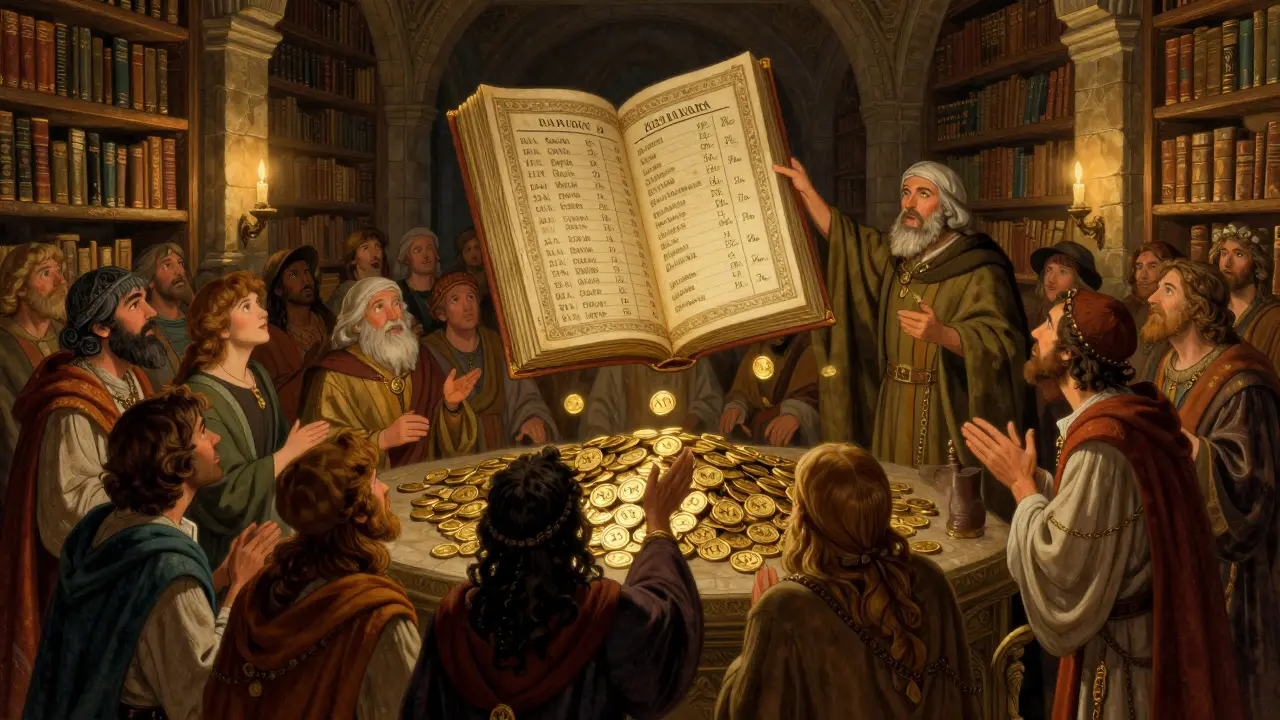 Artistic depiction of ATA tokens being fairly distributed to a community in a grand hall.