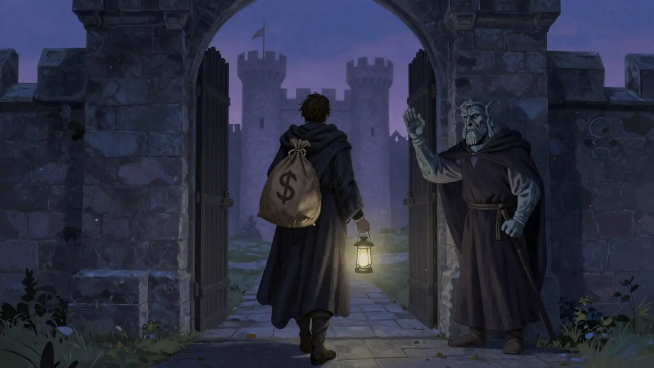 Cloaked traveler leaving a castle gate freely, representing non-KYC