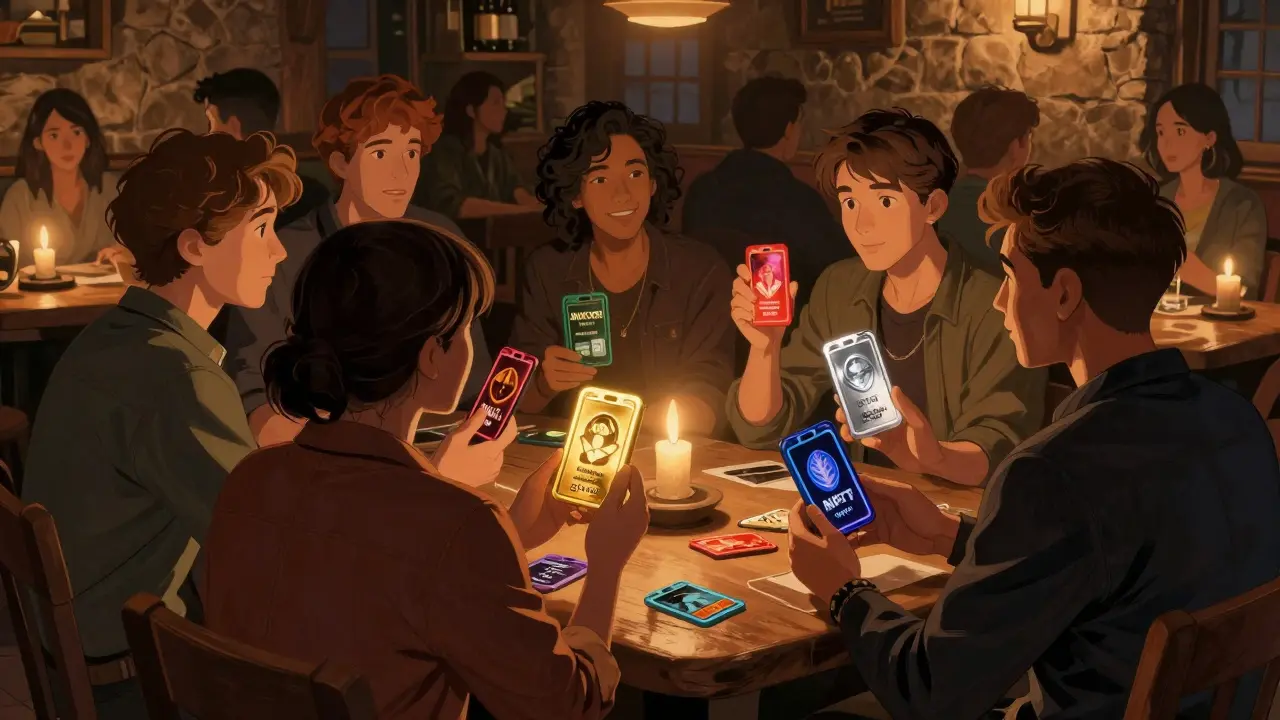 Community members sharing unique, evolved NFT ticket badges in a cozy setting.