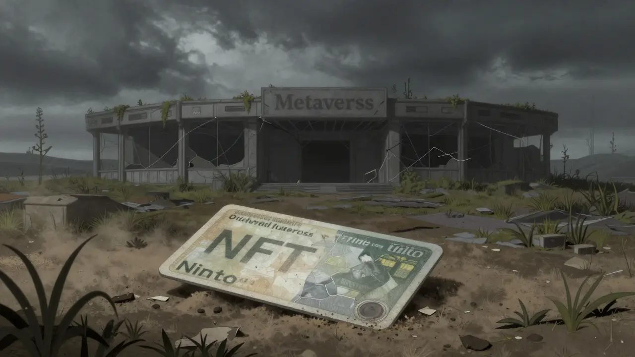 Discarded NFT card in a crumbling, abandoned digital landscape