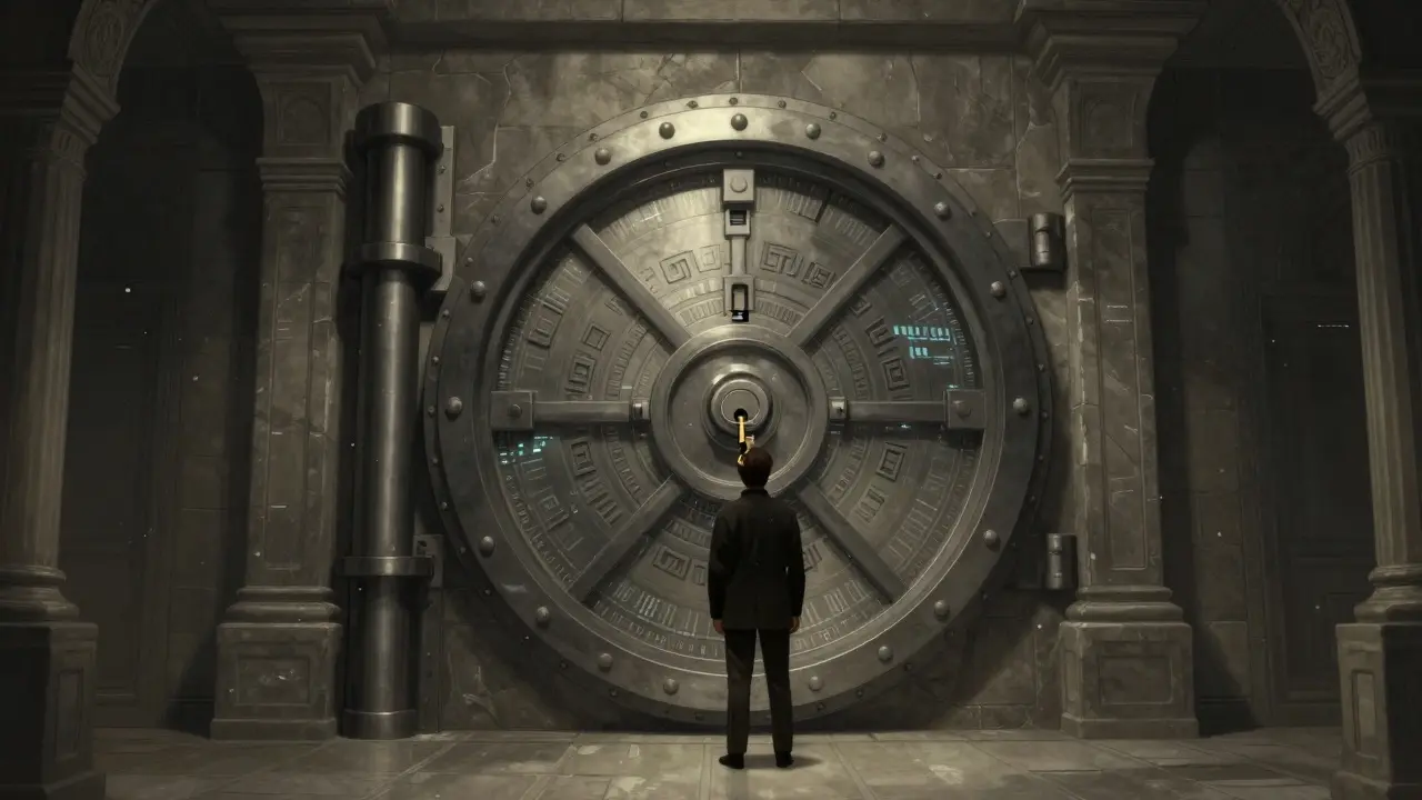 Figure holding a key to a secure vault made of geometric code symbols.
