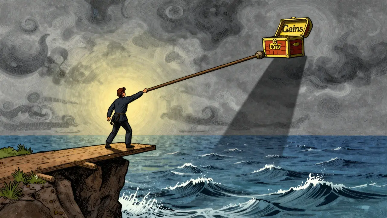 Figure using a lever on a cliff edge, symbolizing high leverage risk