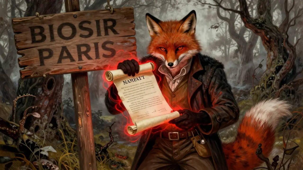 Fox-like scammer hiding behind a fake sign, stealing tokens from a traveler